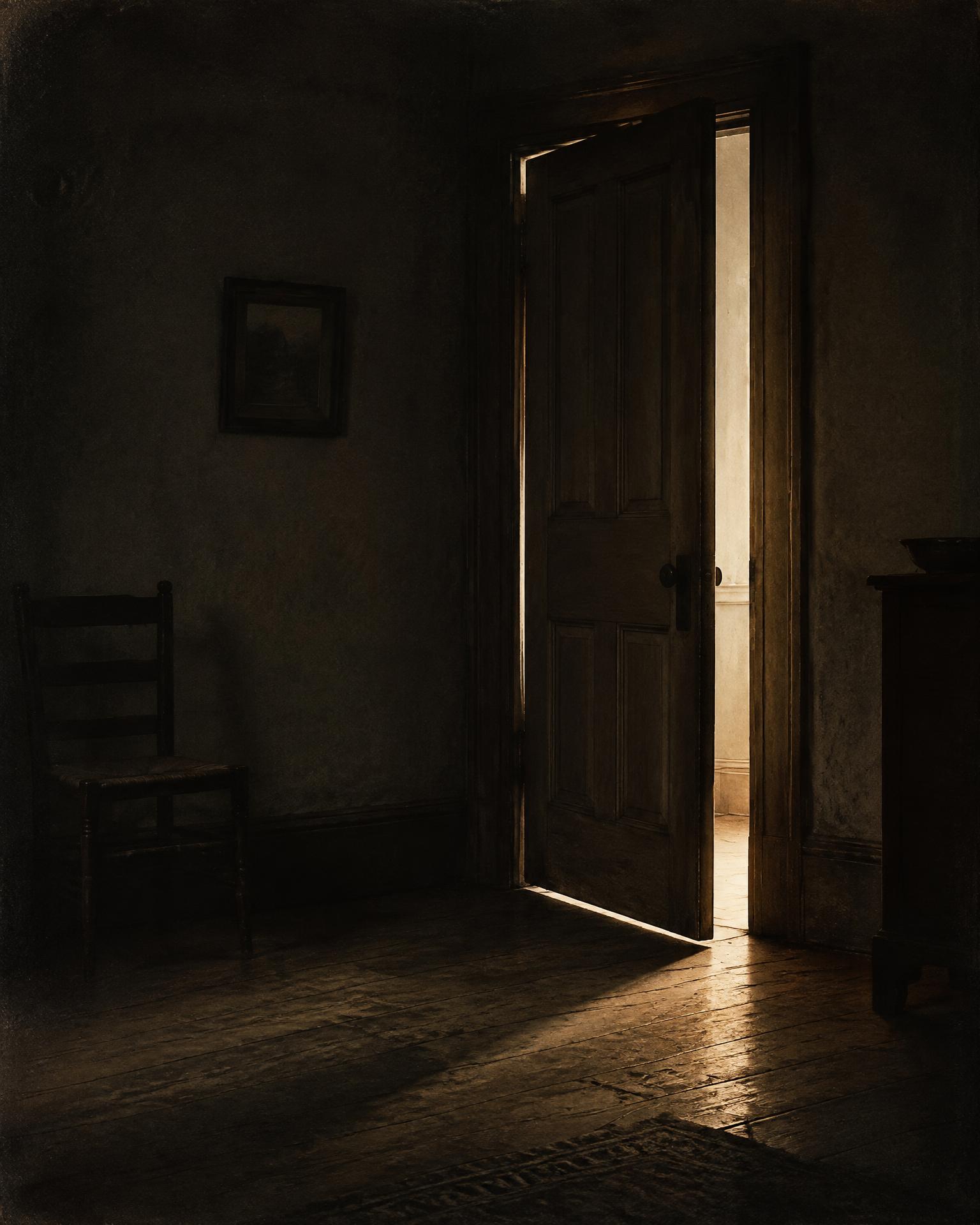 A door left ajar, light falling across the floor
